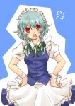  1girl angry braid hands_on_hips izayoi_sakuya maid_apron maid_headdress open_mouth red_eyes ryou-tan+ silver_hair solo touhou twin_braids wrist_cuffs 