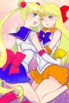  2girls aino_minako bishoujo_senshi_sailor_moon blonde_hair blue_eyes bow choker double_bun elbow_gloves friends gloves hair_bow long_hair lowres miniskirt multiple_girls ne+co orange_skirt sailor_collar sailor_moon sailor_venus skirt tsukino_usagi white_gloves wince wink 