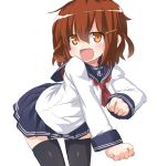  1girl black_legwear brown_eyes brown_hair dd_(ijigendd) hair_ornament hairclip ikazuchi_(kantai_collection) kantai_collection looking_at_viewer neckerchief open_mouth school_uniform serafuku short_hair skirt smile solo thighhighs 