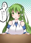  1girl bare_shoulders blush breast_rest breasts d: detached_sleeves frog_hair_ornament green_eyes green_hair hair_ornament hair_tubes hammer_(sunset_beach) kochiya_sanae large_breasts long_hair looking_at_viewer open_mouth snake_hair_ornament solo sweatdrop tareme touhou very_long_hair 