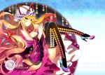  1girl black_legwear blonde_hair bow breasts cleavage dress hair_bow hat high_heels long_hair looking_at_viewer orange_eyes roh_nam_kyung solo thighhighs touhou yakumo_yukari 