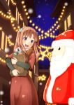  1girl blush brown_hair flower galilei_donna groceries hair_flower hair_ornament hozuki_ferrari lights long_hair long_sleeves open_mouth pensuke red_eyes santa_costume smile solo 