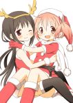  2girls akemi_homura antlers bare_shoulders black_hair black_legwear boots gloves hairband hat hug kaname_madoka long_hair looking_at_viewer mahou_shoujo_madoka_magica multiple_girls open_mouth pink_eyes pink_hair santa_costume santa_hat short_hair sleeveless smile thighhighs tsubaki_(tatajd) twintails violet_eyes wink 