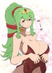  1girl bare_shoulders blue_eyes breasts chiki cleavage fire_emblem fire_emblem:_mystery_of_the_emblem green_hair huge_breasts kara_age long_hair no_nose pointy_ears ponytail solo 