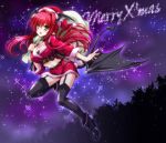  1girl alternate_costume black_legwear blush boots breasts choker cleavage garter_straps hat head_wings high_heels koakuma large_breasts long_hair looking_at_viewer midriff navel pointy_ears redhead revision rough sack santa_costume santa_hat smile solo thighhighs touhou wings yamu_(reverse_noise) yellow_eyes 