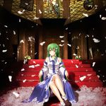 1girl ayasuke86 crossed_legs detached_sleeves feathers frog_hair_ornament green_hair hair_ornament highres kochiya_sanae long_hair long_skirt looking_at_viewer red_eyes sitting skirt snake_hair_ornament solo stairs touhou