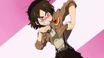  1girl blush brown_hair clenched_teeth embarrassed eren_jaeger genderswap green_eyes hair_bun kill_la_kill living_clothes parody shingeki_no_kyojin strap uniform 