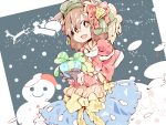  1girl brown_eyes brown_hair christmas coat gift gloves hagiwara_yukiho hat idolmaster ribbon smile snow snowman solo sutores741 winter 