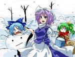  3girls blue_eyes blue_hair bucket cirno daiyousei green_hair hat jacket lavender_eyes lavender_hair letterboxed long_hair mittens multiple_girls open_mouth polearm scarf short_hair skirt smile snow snowman touhou tree trident unya weapon 