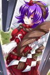  1girl eichi_yuu leaf looking_back mirror onbashira purple_hair shide shimenawa short_hair smile snake solo touhou violet_eyes yasaka_kanako 