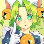  1girl animal_ears aqua_eyes bell cat_ears chestnut_mouth dejiko di_gi_charat gloves green_hair hair_ornament index_finger_raised short_hair short_twintails solo tokijim twintails yellow_background 