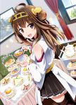  1girl absurdres ahoge ayuya_naka_no_hito bare_shoulders brown_hair cup detached_sleeves double_bun hair_ornament hairband highres japanese_clothes kantai_collection kongou_(kantai_collection) long_hair miko nontraditional_miko open_mouth pastry personification sandwich sparkle teacup teapot thighhighs violet_eyes window 