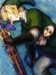  1boy blonde_hair blue_eyes earrings gloves hat jewelry link lying maekakekamen nintendo ooccoo pointy_ears sheath sheathed skyward_sword solo sword the_legend_of_zelda twilight_princess weapon 