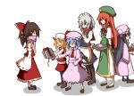  6+girls apron bat_wings blonde_hair blue_hair book boots bow box braid breath brooch brown_hair closed_eyes commentary_request detached_sleeves flandre_scarlet gem gift gift_box hair_bow hair_tubes hakurei_reimu hand_on_hip hat hat_ribbon hong_meiling izayoi_sakuya jewelry juliet_sleeves knee_boots kumo_(atm) long_hair long_sleeves looking_over_shoulder maid_headdress mary_janes mob_cap multiple_girls no_wings open_mouth pantyhose patchouli_knowledge puffy_sleeves purple_hair redhead remilia_scarlet ribbon ring scarf shoes silver_hair simple_background skirt skirt_set smile star touhou twin_braids violet_eyes waist_apron white_background wings 