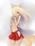  1girl blonde_hair breasts fox_tail hair_over_one_eye highres johan_(johan13) kitsune long_hair looking_at_viewer midriff miniskirt multiple_tails navel original pleated_skirt red_eyes rough skirt small_breasts smile solo tail underboob 