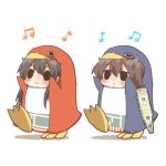  2girls akagi_(kantai_collection) alternate_costume animal_costume black_eyes blush brown_hair kaga_(kantai_collection) kantai_collection long_hair lowres multiple_girls musical_note penguin_costume rebecca_(keinelove) short_hair side_ponytail smile 