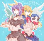  2girls angel_wings asymmetrical_wings beret blazblue blonde_hair blue_hair bow cake choker dizzy dress food fork green_eyes guilty_gear hair_bow hat multiple_girls noel_vermillion panda red_eyes ribbon wings yamo 