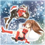  1boy 1girl bike_shorts brown_eyes brown_hair crossdressinging gloves little_busters!! long_hair naoe_riki natsume_rin pantyhose ponytail red_eyes sack santa_costume satou_aoi trap 