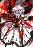  1girl adapted_costume bat_wings brooch chain dress fangs flower hat hat_flower jewelry koumajou_densetsu minakata_sunao open_mouth outstretched_arm purple_hair red_eyes remilia_scarlet short_hair smile solo spear_the_gungnir touhou wings 