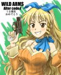  1girl bare_shoulders blonde_hair blue_ribbon brown_eyes calamity_jane detached_sleeves drill_hair grin gun hair_ribbon long_hair pistol ribbon smile solo translated twin_drills weapon wild_arms wild_arms_1 