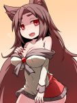  1girl animal_ears bare_shoulders breasts brown_hair cleavage fang hakika imaizumi_kagerou large_breasts long_hair open_mouth red_eyes solo touhou very_long_hair wolf_ears 