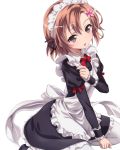  1girl boku_wa_tomodachi_ga_sukunai brown_eyes brown_hair flower hair_ornament hair_ribbon highres kusunoki_yukimura looking_at_viewer maid maid_headdress ribbon short_hair solo watanabe_yoshihiro 