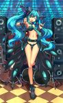 1girl aqua_eyes aqua_hair belt bikini checkered checkered_floor guitar hatsune_miku headset highres hoshi_no_gen instrument jewelry long_hair microphone navel open_mouth pinky_out ring solo speaker swimsuit twintails very_long_hair vocaloid wink 