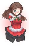 1girl ;) arceonn arms_behind_back black_legwear blue_eyes blush breasts brown_hair capelet character_request christmas cropped_legs detached_sleeves long_hair pantyhose thick_thighs thighs wide_hips wink 