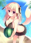  1girl animal_ears bikini blush breasts cleavage clouds highres large_breasts leaf looking_at_viewer megarisu original sand sky solo swimsuit tail water watermelon_beach_ball 
