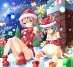  2girls 5240mosu absurdres alternate_costume animal_ears bare_shoulders basket belt blonde_hair blush boots chimney christmas_tree gift hat highres looking_at_viewer merry_christmas mouse mouse_ears mouse_tail multiple_girls nazrin sack santa_costume santa_hat short_hair silver_hair smile snowing star tail toramaru_shou touhou violet_eyes yellow_eyes 