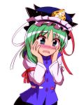  1girl averted_eyes blue_eyes blush bust embarrassed full-face_blush green_hair hands_on_own_face hat hat_ribbon honda_takaharu leaning_over long_sleeves parted_lips ribbon shiki_eiki short_hair simple_background solo touhou vest white_background 