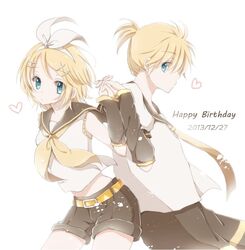  1boy 1girl blonde_hair blue_eyes hiro_(hirohiro31) kagamine_len kagamine_rin short_hair vocaloid 