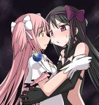  2girls akemi_homura akuma_homura black_hair bow breasts dress earth elbow_gloves giantess gloves goddess_madoka hair_ribbon hairband kaname_madoka long_hair magical_girl mahou_shoujo_madoka_magica mahou_shoujo_madoka_magica_movie multiple_girls nervous o3o open_mouth pink_hair ribbon smile spoilers terada_ochiko trembling twintails two_side_up violet_eyes wings yellow_eyes yuri 