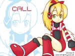  1girl blonde_hair boots call_(mighty_no._9) call_(natsume_yuuji) christopher_hazeldine flat_chest green_eyes headphones knee_boots long_hair mighty_no._9 multicolored_eyes ponytail solo striped_sleeves watermark web_address yellow_eyes zoom_layer 