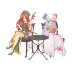  2girls book braid chair chinese_clothes closed_eyes closed_mouth crescent crossed_legs_(sitting) dress erhu green_clothes hair_ribbon hat highres hong_meiling light_smile long_hair looking_at_another moon multiple_girls nose open_eyes patchouli_knowledge plantplanetplace puffy_sleeves purple_dress purple_hair redhead ribbon shoes sitting smile star table touhou twin_braids violet_eyes white_background 