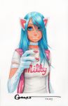  1girl animal_ears bangs blue_eyes blue_hair cat_ears choker claws cup dated felicia lips long_hair marker_(medium) omar_dogan signature simple_background solo t-shirt traditional_media vampire_(game) vest 