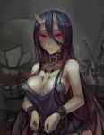  1girl bare_shoulders battleship-symbiotic_hime black_hair breasts chain cleavage collar horns kantai_collection large_breasts long_hair looking_at_viewer oni_horns red_eyes shackle shinkaisei-kan walzrj 