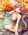  1girl animal_ears autumn autumn_leaves breasts brown_hair bucket cat_ears cat_tail cleavage flower green_eyes hair_flower hair_ornament hairband hinariaoba naked_towel onsen original short_hair sitting smile solo tail towel water 