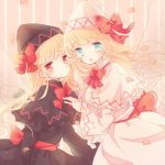  2girls black_dress blonde_hair blue_eyes bow closed_eyes dress dual_persona fairy_wings hat hat_bow karunabaru lily_black lily_white long_hair long_sleeves multiple_girls open_mouth petals pink_dress pink_eyes striped striped_background touhou very_long_hair wide_sleeves wings 
