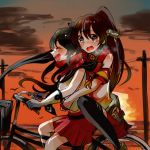  2girls bicycle black_hair black_legwear blush breasts brown_hair closed_eyes cruiser_bicycle detached_sleeves flower gloves hair_ornament itomugi-kun kantai_collection long_hair midriff multiple_girls open_mouth personification ponytail power_lines scared scarf short_hair skirt smile sunset tears thigh-highs very_long_hair white_gloves yahagi_(kantai_collection) yamato_(kantai_collection) 