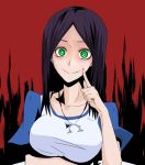  1girl alice_(wonderland) american_mcgee&#039;s_alice amulet breast_hold breasts brown_hair crazy_eyes fingersmile green_eyes healtz large_breasts long_hair omega_symbol solo 