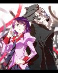  1boy 1girl back-to-back black_eyes black_hair blue_eyes cellphone formal kaiki_deishuu koimonogatari monogatari_(series) necktie nyoronyoro phone purple_hair school_uniform senjougahara_hitagi short_hair suit 