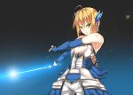  1girl adapted_costume ahoge armor armored_dress bare_shoulders blonde_hair detached_sleeves dress excalibur fate/stay_night fate_(series) gmaou green_eyes saber solo sword weapon 