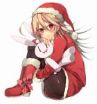  :3 blonde_hair blush boots bow christmas fujikiti hat long_hair original pantyhose red_eyes santa_costume santa_hat sitting stuffed_animal stuffed_bunny stuffed_toy |_| 
