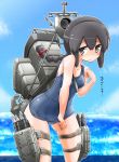  1girl adjusting_clothes adjusting_swimsuit black_eyes black_hair blush braid isonami_(kantai_collection) kantai_collection karukan_(monjya) long_hair looking_at_viewer one-piece_swimsuit personification school_swimsuit solo swimsuit water 