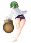  1girl barefoot bucket green_eyes green_hair hair_bobbles hair_ornament kisume kurodani_yamame looking_at_viewer looking_back open_mouth running sag_(tkddkrja) school_swimsuit shirt simple_background solo swimsuit swimsuit_under_clothes touhou turning twintails white_background 