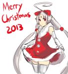  1girl 2013 ahoge blush bow curtsey dress elbow_gloves flat_chest forehead_jewel gloves hair_bow huge_ahoge long_hair merry_christmas red_dress red_eyes red_seiryu silver_hair solo thighhighs twintails under_night_in-birth vatista very_long_hair white_gloves white_legwear 