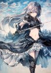  1girl armor armored_dress boots clouds gloves greaves grey_eyes grey_hair highres long_hair midriff navel original sigmasmail skirt sky smile solo sword thigh_boots thighhighs weapon 