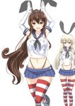  2girls arms_up black_panties blonde_hair breast_envy brown_eyes brown_hair cosplay elbow_gloves empty_eyes gloves grey_eyes hair_ribbon highleg highleg_panties kantai_collection long_hair miniskirt multiple_girls navel neckerchief panties ribbon shimakaze_(kantai_collection) shimakaze_(kantai_collection)_(cosplay) skirt striped striped_legwear tenken_(gotannda) thighhighs underwear very_long_hair yamato_(kantai_collection) 