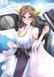  1girl bare_shoulders black_hair blue_sky breasts cannon detached_sleeves glasses green_eyes hairband japanese_clothes kantai_collection kazaana kirishima_(kantai_collection) nontraditional_miko personification red-framed_glasses short_hair skirt sky smile solo turret 
